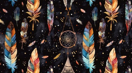Poster - bohemian feather and arrow design in watercolor on black backdrop ideal for decor wallpaper fabric a