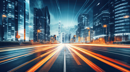 Wall Mural - the light trails on the modern building background in big city. , generative ai