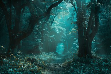 Poster - Mysterious forest pathway shrouded in blue twilight fog, invoking a fantasy ambiance