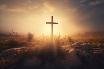 Wall Mural - Christian cross landscape sunlight outdoors.