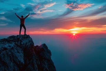 Wall Mural - Man on Mountaintop Witnessing a Breathtaking Sunrise