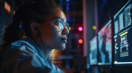 Wall Mural - Side profile of black female IT developer working on computer in dark office, created with Generative AI. African american cyber security analyst detecting artificial intelligence threats