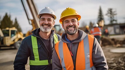 Canvas Print - Smiling architect and engineer looking at camera from construction site