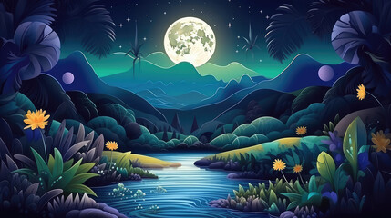 Wall Mural - Summer landscape with river and plant and mountain at night with moon. Colorful cartoon illustration., generative ai