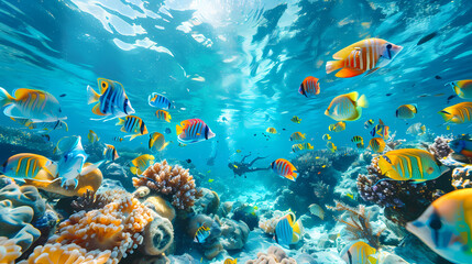 Taking a scuba dive in crystal clear tropical waters, exploring vibrant coral reefs and marine life, with colorful fish swimming around,