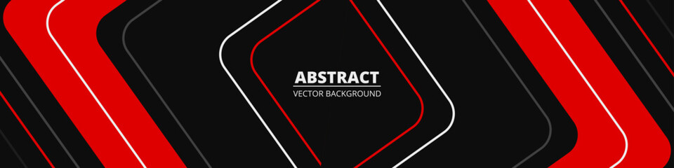 Wall Mural - Black and red abstract wide horizontal banner with white and gray lines and outlines. Dark modern sporty bright futuristic horizontal abstract background. Wide vector illustration.