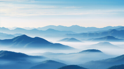 Canvas Print - Mountain range with visible silhouettes through the morning fog., generative ai