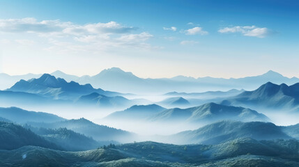 Wall Mural - Beautiful landscape of mountains in the morning with fog and blue sky., generative ai