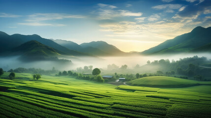 Wall Mural - Landscape of green field and mountain with fog in the morning at sunrise., generative ai