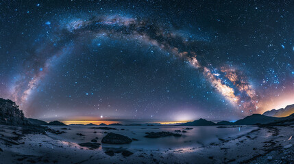 Panoramic shot of the universe space featuring the Milky Way galaxy with stars against a night sky background, highlighting the cosmic beauty and celestial wonders of the universe.