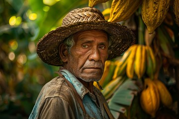 Wall Mural - Portrait of an aged man in a straw hat standing amidst cocoa trees