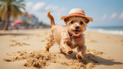 Wall Mural - adorable little terrier dog in straw hat running on the beach sand in summer. Vacation, travel concept