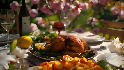 Canvas Print - A family of four happily dines on a hearty spring meal of lemon herb roasted chicken grilled asparagus and roasted sweet potatoes at a table set under a blossoming cherry tree.