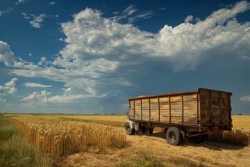 Sticker - Old trailer sits idle in a vast wheat field under a blue sky with fluffy clouds