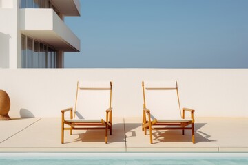 Poster - White deckchairs furniture outdoors architecture.