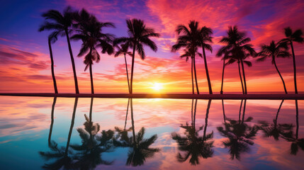 Wall Mural - Palm trees reflected in the water at sunset near the beach., generative ai
