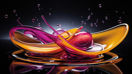 Wall Mural - abstract yellow pink drop into water on dark background., generative ai