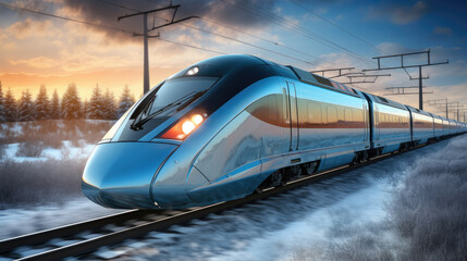 Wall Mural - High-speed train on the railway at day in the winter. Concept of speed and motion. created by generative AI, generative ai