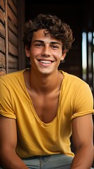 Wall Mural - a young man with a yellow shirt smiles for the camera.