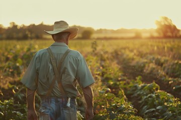 Wall Mural - Back view of a farmer in a hat gazing at his crops as the sun sets on the horizon