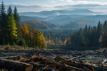 Panoramic view of a valley with cut down trees in the foreground and a forest in the background