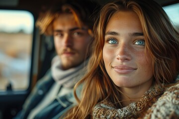 A young couple smiling in casual attire is sitting in a car, exuding warmth and happiness, and suggesting an adventurous road trip or journey together.