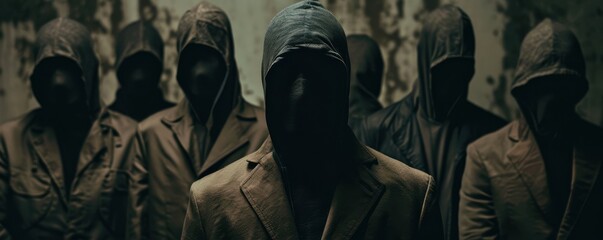 Wall Mural - A group of hooded people are standing in front of a dark background.