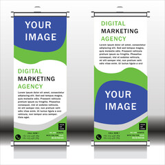 Modern roll-up banner template for a digital marketing agency. Sleek design with placeholders for images and text.Perfect for events, trade shows and promotions to attract clients and boost your brand