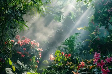 Wall Mural - botanical wonderland of exotic tropical plants with oversized vibrant flowers and lush foliage ethereal mist and dappled sunlight create a dreamy jungleinspired landscape