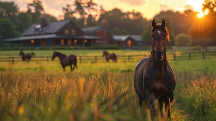 Majestic Horse Farm: Scenic View of Galloping Horses in Paddock with Rustic Stable Background