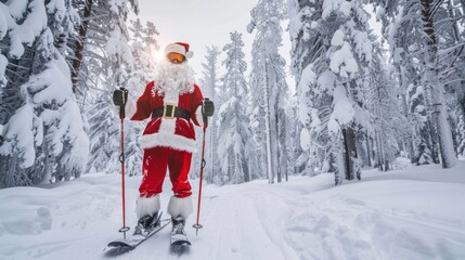 Wall Mural - Santa Claus Skiing in a Snowy Forest