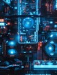 © Vincent - Futuristic control room with neon blue lighting, holographic screens, and digital interfaces, perfect for sci-fi projects.