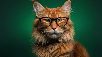 Beautiful cat Maine Coon  wearing funny glasses on an empty background. Space for text, advertising for cat food, pet store, delivery