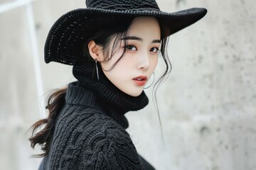 Canvas Print - Stylish young woman with a captivating gaze wearing a chic black hat and knit sweater