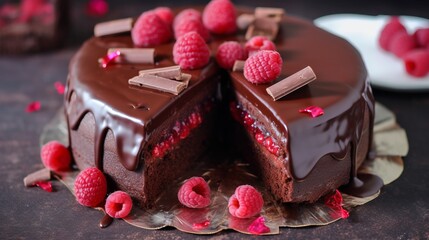 Sticker - Delicious chocolate cake with raspberries and chocolate shavings on top. Perfect for desserts, celebrations, and special occasions. Rich and decadent sweet treat with beautiful presentation. AI