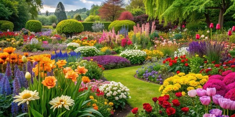 Wall Mural - Beautiful garden filled with a variety of colorful flowers, blooms, petals, plants, nature, colorful, outdoors, garden, vibrant