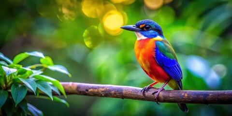 Poster - Colorful bird perched on a branch in a lush forest setting, bird, colorful, perched, branch, forest, wildlife, feathers, nature, vibrant