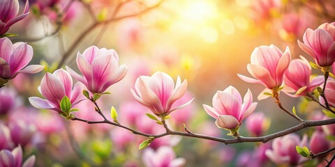 Poster - Beautiful pink magnolia flowers blooming in the spring , spring, pink, magnolia, flowers, blooming, petals, nature, tree