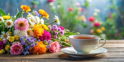 Canvas Print - A serene still life of a cup of tea surrounded by a vibrant bouquet of fresh flowers, tea, flowers, bouquet, pink, white