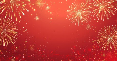 Poster - Golden Fireworks Display on Red Background