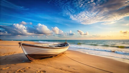 Wall Mural - Boat stranded on sandy beach with calm ocean in background, boat, beach, sand, ocean, stranded, vacation, travel, leisure