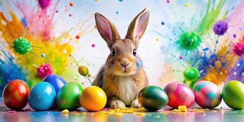 Canvas Print - Colorful Easter Bunny and Eggs with paint splashes, Easter, bunny, eggs, colorful, paint splashes, festive