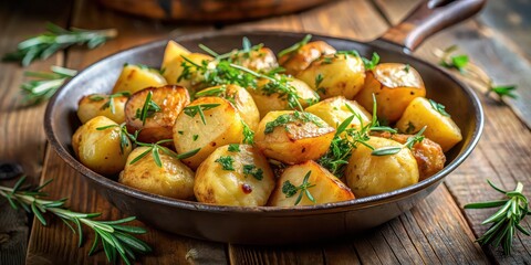 Poster - Close-up of golden roasted potatoes with fresh rosemary and thyme in a rustic pan , roasted, potatoes, herbs, fresh, close-up