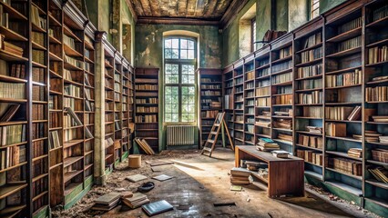 Sticker - Abandoned library with dusty bookshelves and old books , Abandoned, Library, Bookshelves, Dusty, Old, Books, Vintage