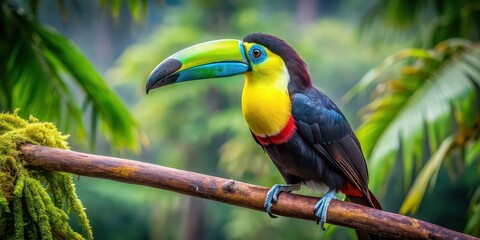 Sticker - Blue and yellow billed toucan perched on a branch in the rainforest, tropical, exotic, bird, wildlife, colorful, beak