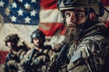 Military team in combat gear stands in front of American flag. Portrait of soldiers ready for action. Heroic style image. Ideal for patriotic, military, and historical content. Generative AI