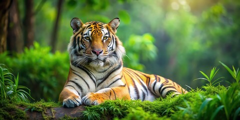 Wall Mural - beautiful bengal tiger relaxing in lush green habitat background, bengal tiger, beautiful, wildlife,