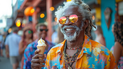 Wall Mural - LGBT man with beard and bright colored outfit holding ice cream cones on standing outdoors