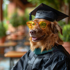 Canvas Print - Dog graduation cap gown standing outdoors looking happy. Concept education, graduate, leader