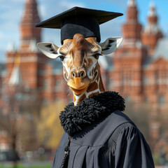 Canvas Print - Graduation giraffe dark dress graduate cap background educational institution. Concept education